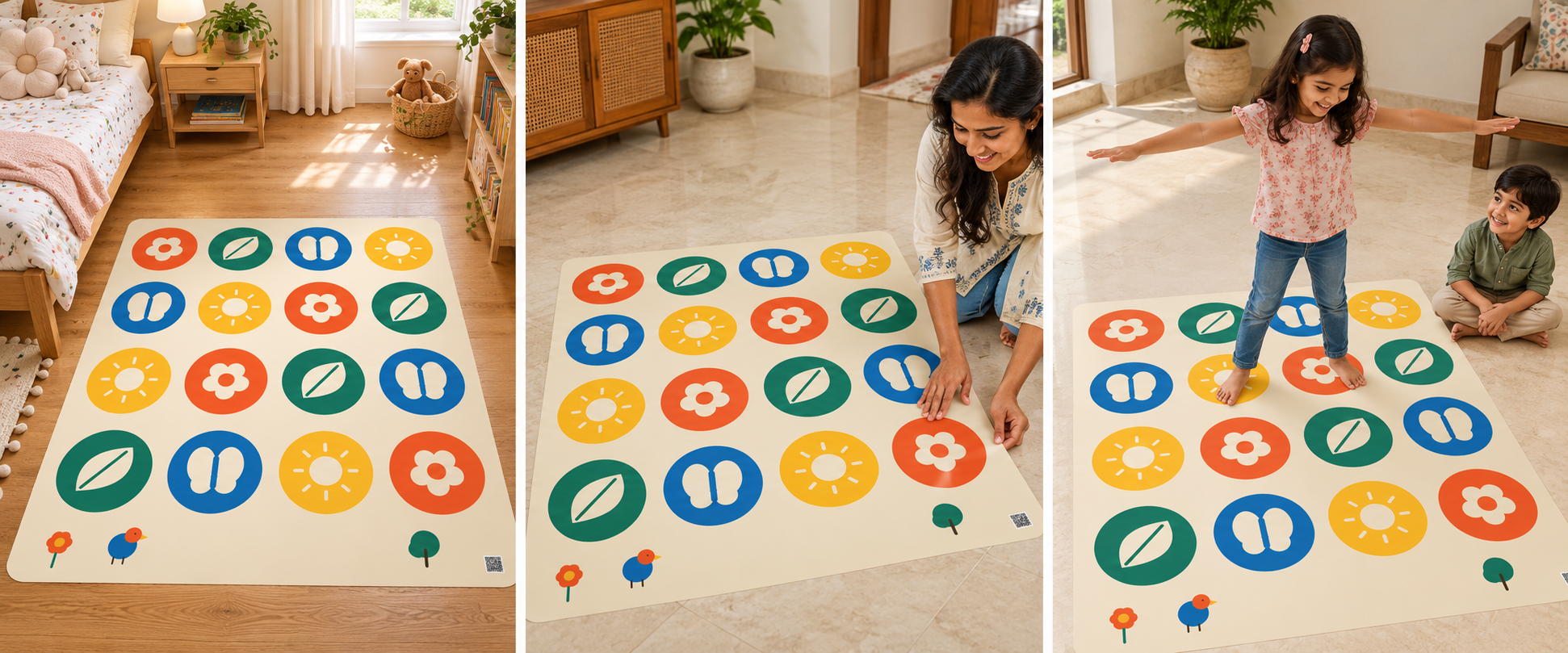 Illustrative scenes showing the floor game on wood, tile and stone, installation and children playing