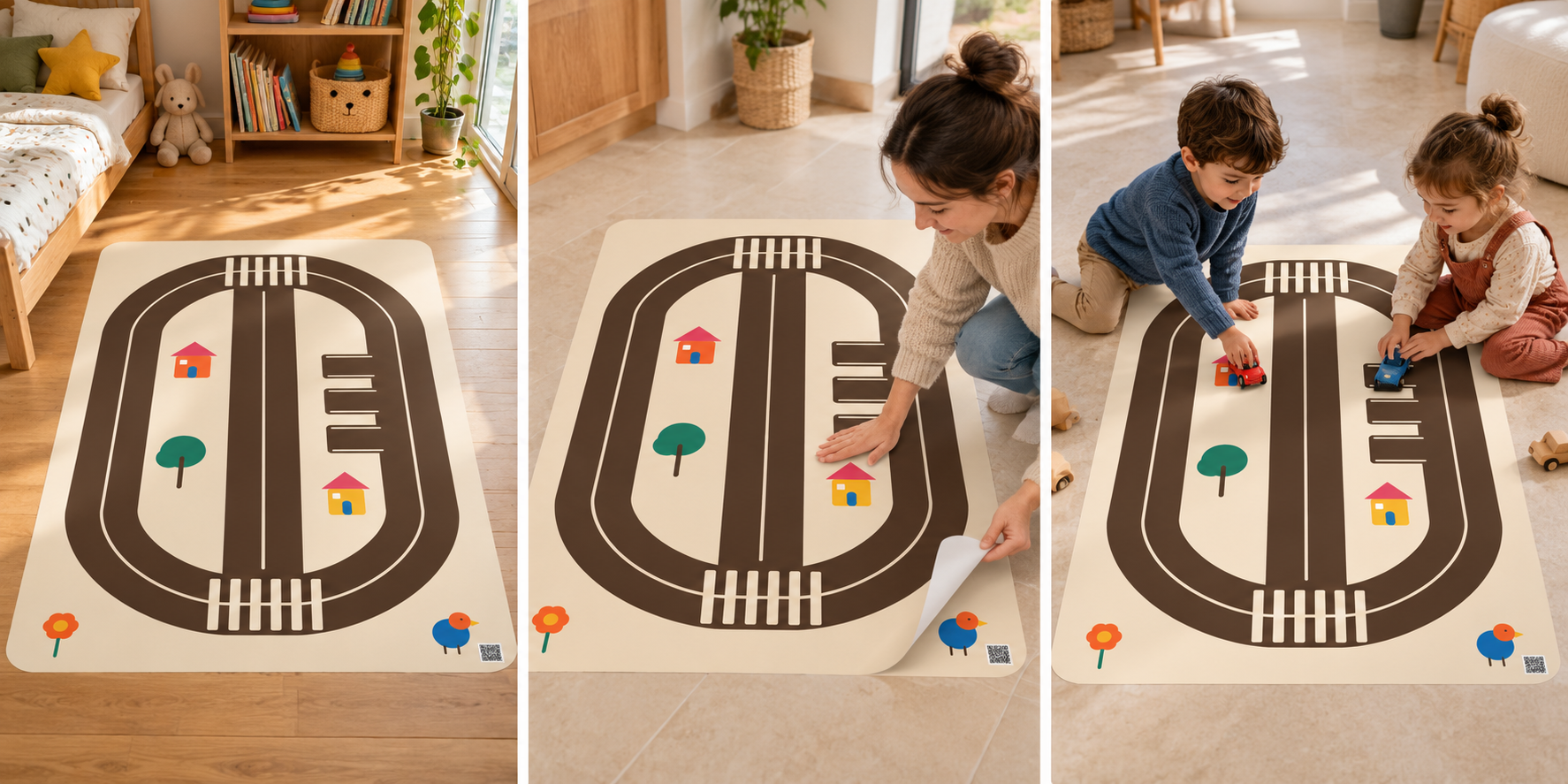 Illustrative scenes showing the floor game on wood, tile and stone, installation and children playing