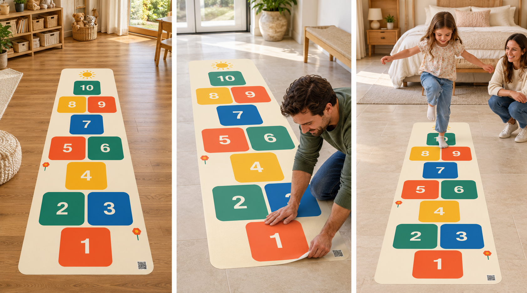 Illustrative scenes showing the floor game on wood, tile and stone, installation and children playing