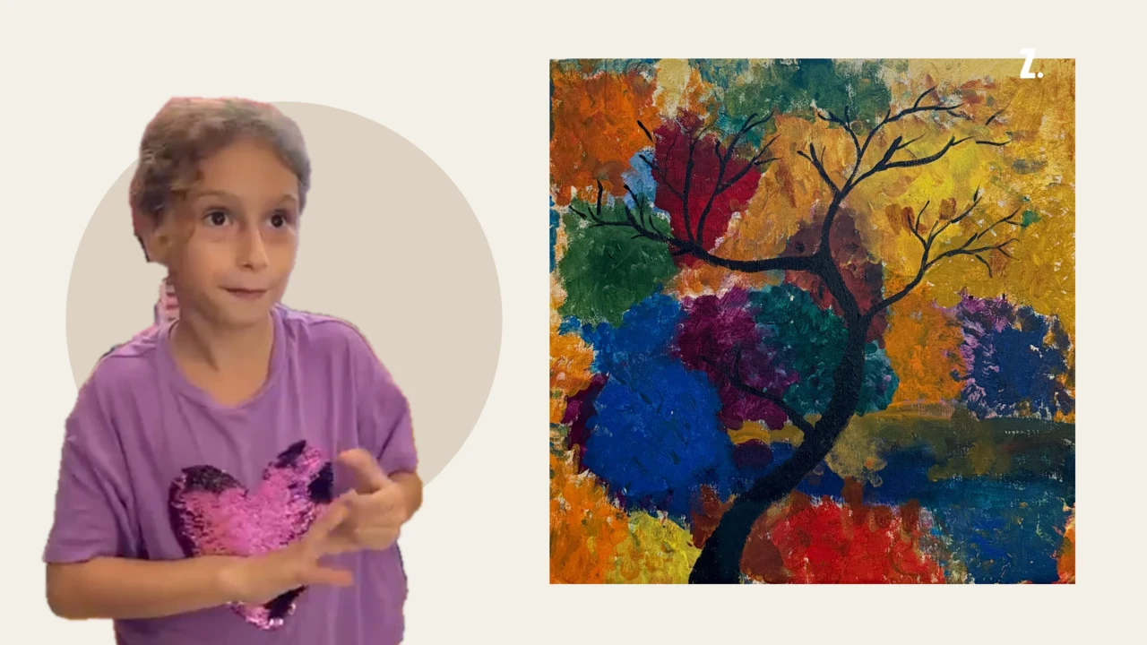 Nafas beside her original colorful tree painting