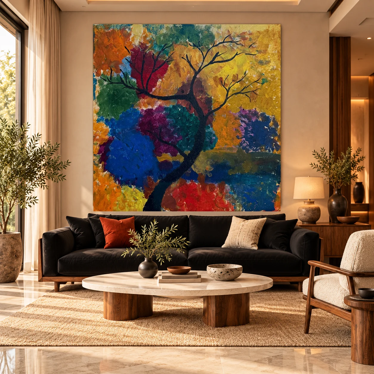Nafas’s original colorful tree painting displayed above a living-room sofa